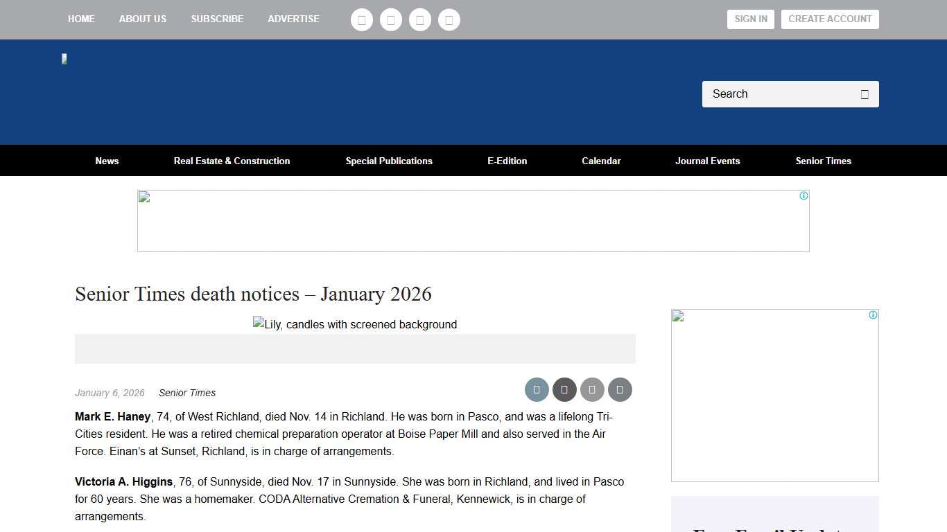 Senior Times death notices – January 2026 Tri-Cities Area Journal of Business